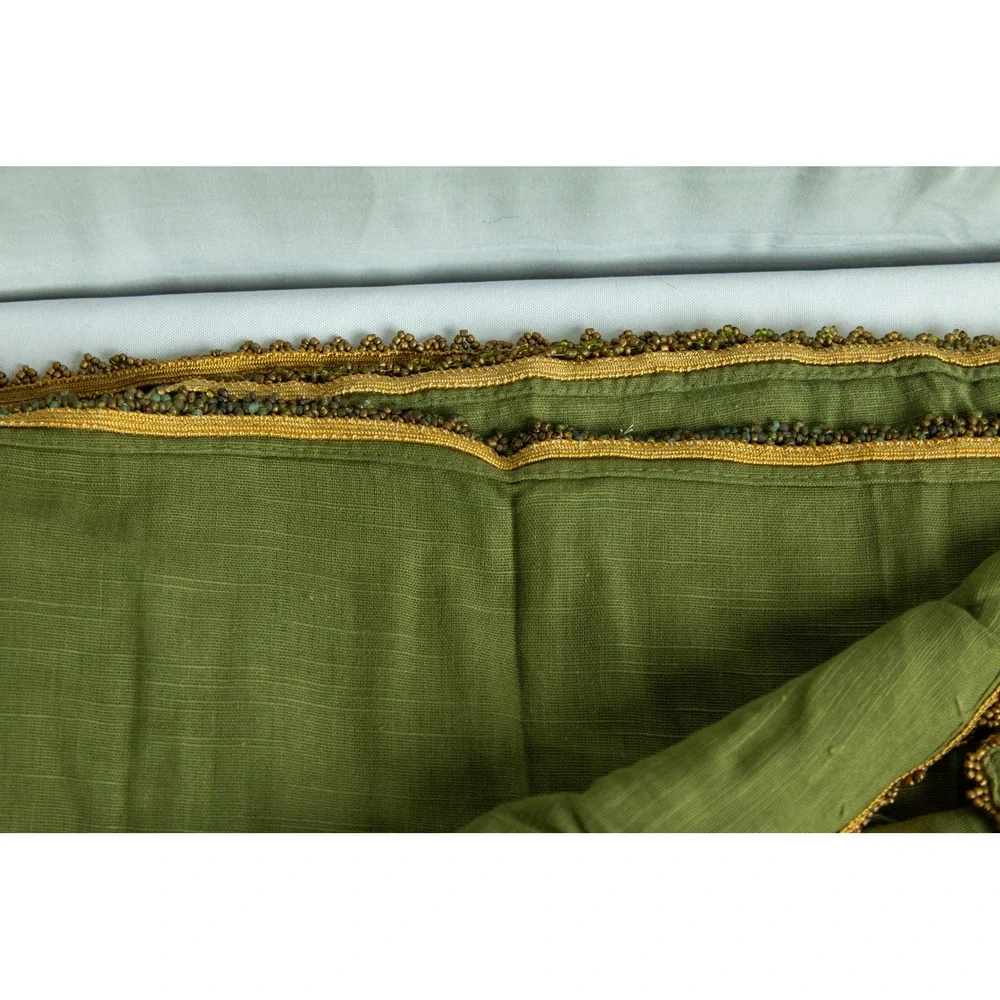 Vintage Green Square Scarf Gold Beaded Scalloped Trim Sheer Olive Boho Wrap